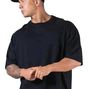 Veirdo® Oversized Baggy Fit Drop Shoulder Half Sleeves Round Neck Solid Pure 100% Cotton T-Shirt for Men