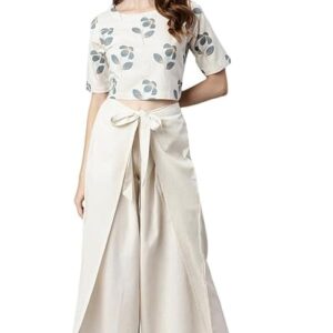 Janasya Women's Cream Cotton Flex Floral Print Crop Top with Palazzo