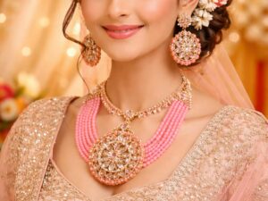 Pink Stone Bridal Necklace Set for Women | Traditional Wedding Jewellery Set with Earrings & Maang Tikka